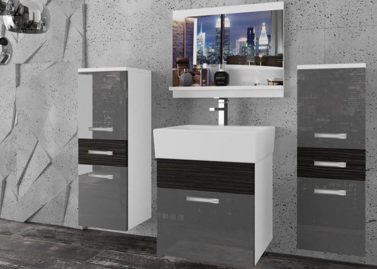 Meble łazienkowe szafki z umywalką z lustrem szare połysk czarne heban ciemne Producent