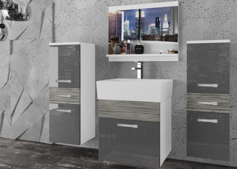 Meble łazienkowe szafki z umywalką z lustrem szare połysk szare antracyt grafitowe Producent