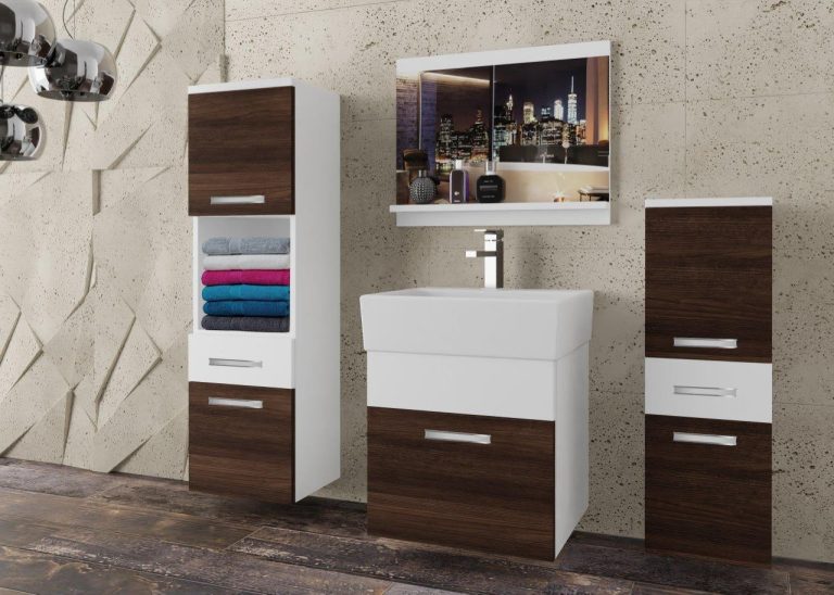 Meble łazienkowe szafki z umywalką z lustrem białe mat brązowe heban kasztanowe Producent