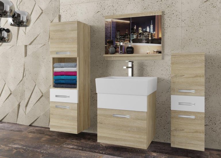 Meble łazienkowe szafki z umywalką z lustrem białe mat dębowe dąb wotan dąb sonoma Producent