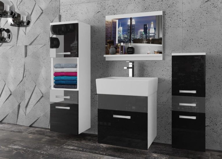 Meble łazienkowe szafki z umywalką z lustrem czarne połysk szare połysk Producent