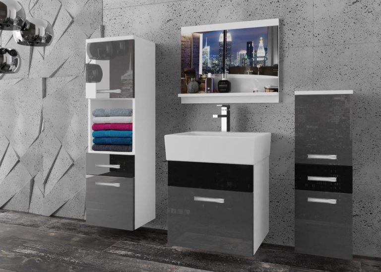 Meble łazienkowe szafki z umywalką z lustrem szare połysk czarne połysk Producent