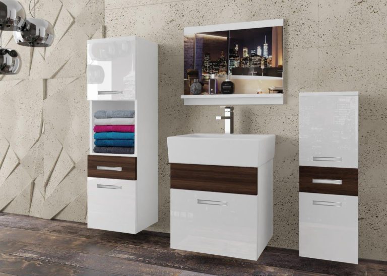 Meble łazienkowe szafki z umywalką z lustrem białe połysk brązowe heban kasztanowe Producent