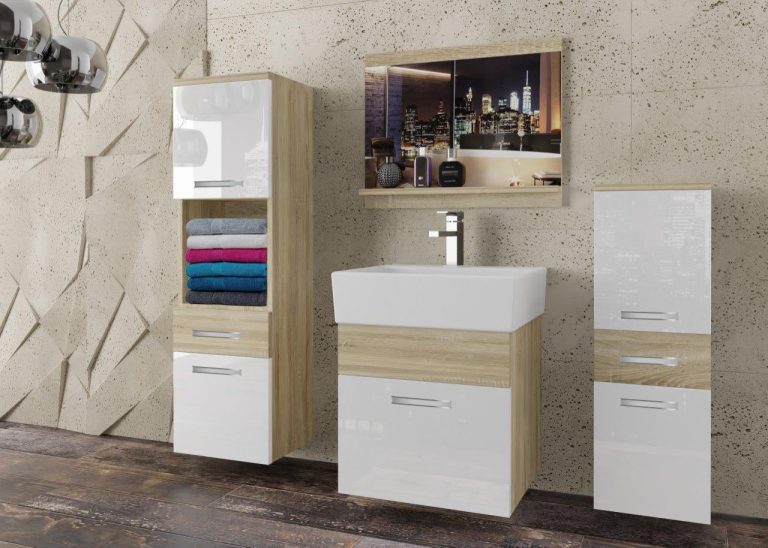 Meble łazienkowe szafki z umywalką z lustrem białe połysk dębowe dąb wotan dąb sonoma Producent
