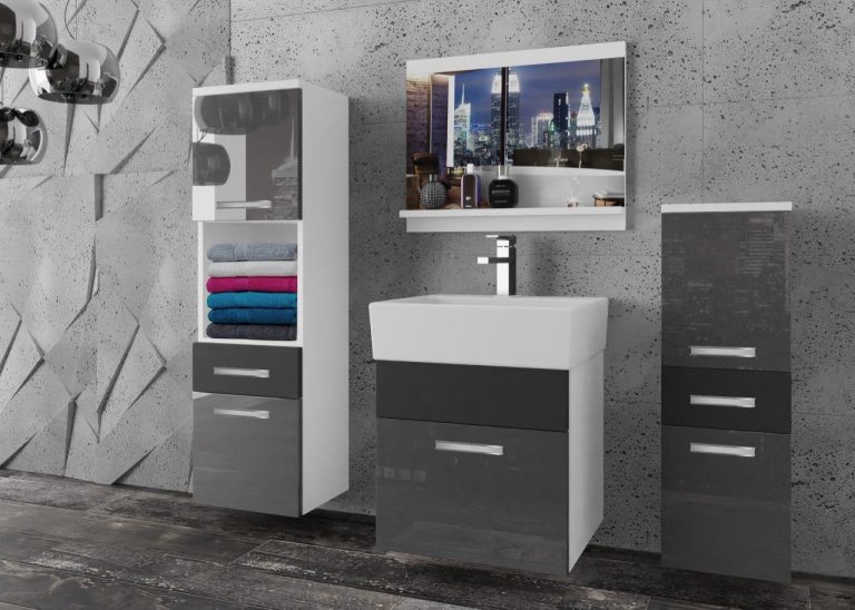 Meble łazienkowe szafki z umywalką z lustrem szare połysk szare antracyt grafitowe Producent