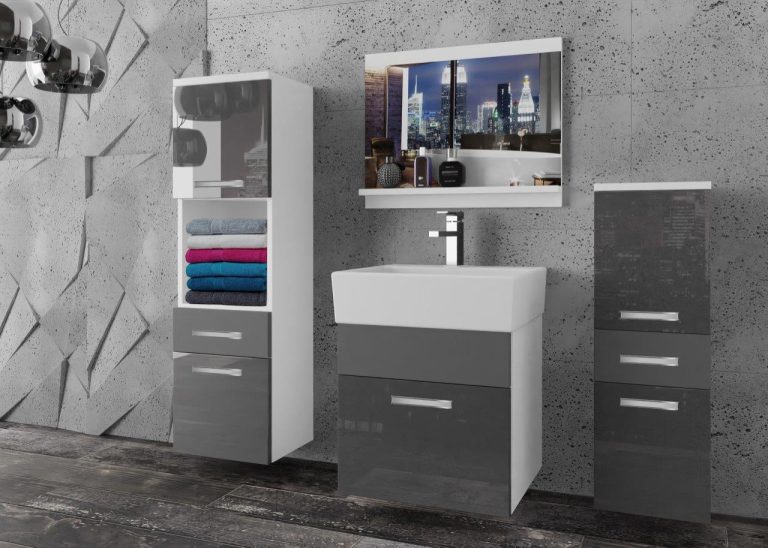 Meble łazienkowe szafki z umywalką z lustrem szare połysk szare antracyt grafitowe Producent