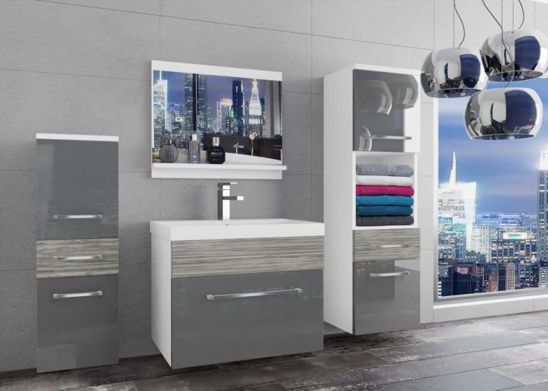 Meble łazienkowe szafki z umywalką z lustrem szare połysk szare antracyt grafitowe Producent