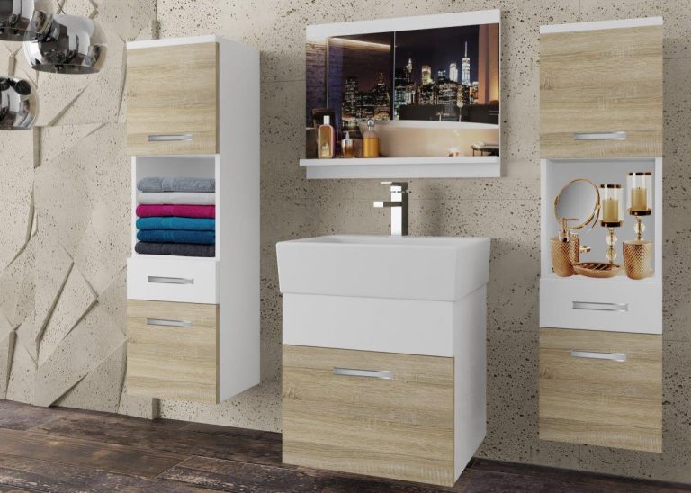 Meble łazienkowe szafki z umywalką z lustrem białe mat dębowe dąb wotan dąb sonoma Producent