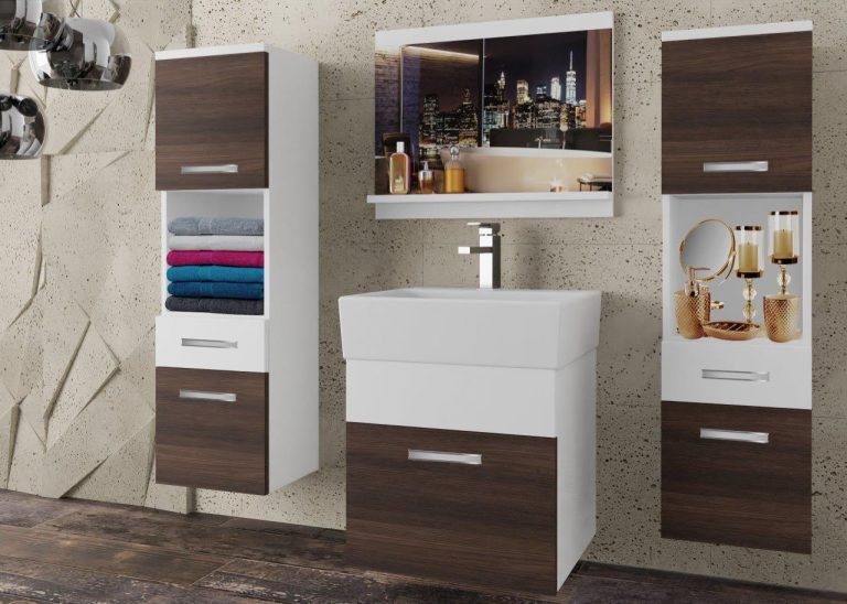 Meble łazienkowe szafki z umywalką z lustrem białe mat brązowe heban kasztanowe Producent