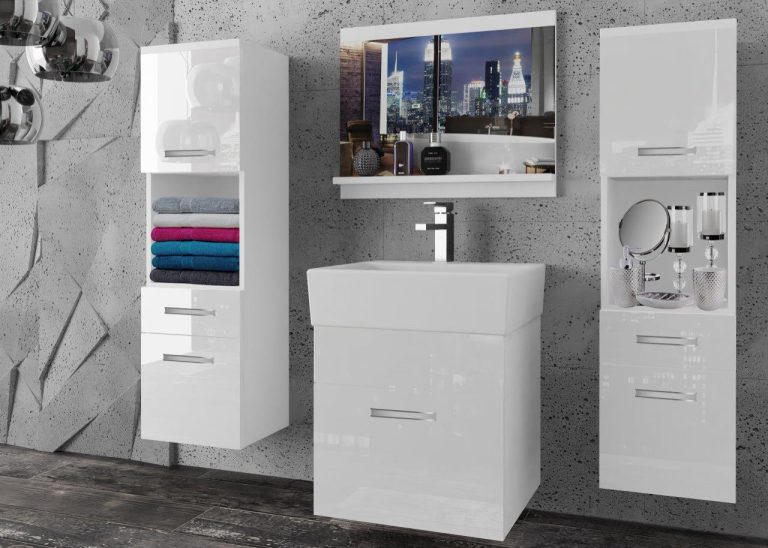 Meble łazienkowe szafki z umywalką z lustrem białe połysk Producent