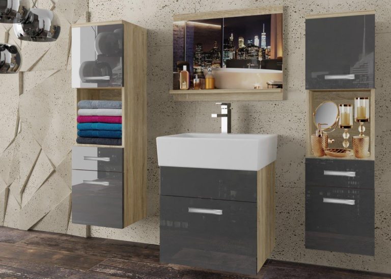 Meble łazienkowe szafki z umywalką z lustrem szare połysk Producent