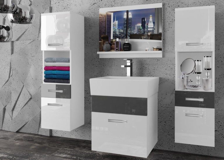 Meble łazienkowe szafki z umywalką z lustrem białe połysk szare połysk Producent