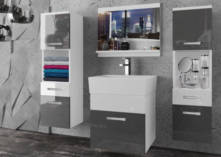 Meble łazienkowe szafki z umywalką z lustrem szare połysk białe połysk Producent