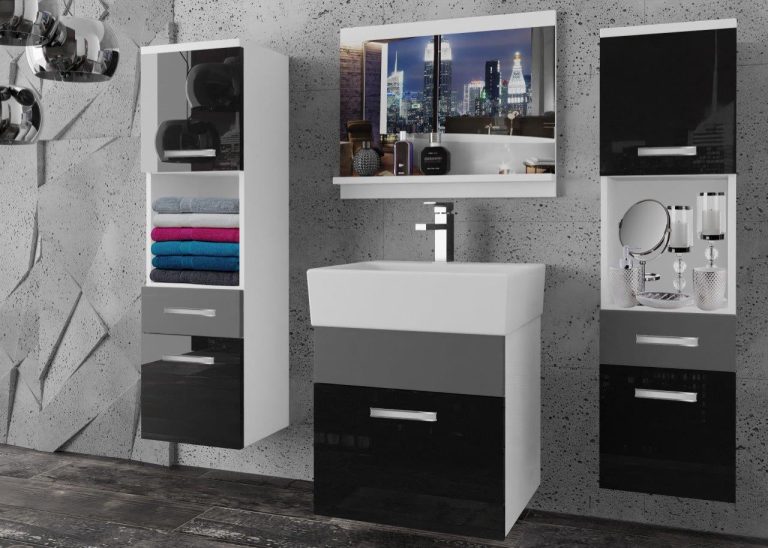 Meble łazienkowe szafki z umywalką z lustrem czarne połysk szare połysk Producent