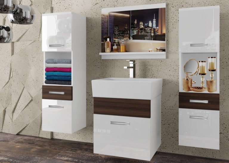Meble łazienkowe szafki z umywalką z lustrem białe połysk brązowe heban kasztanowe Producent