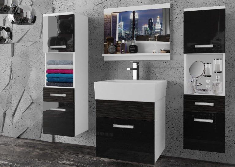 Meble łazienkowe szafki z umywalką z lustrem czarne połysk czarne heban ciemne Producent