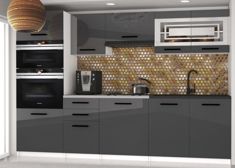 Meble kuchenne 240 cm szare połysk bez blatu Producent INF PAULA2/4/WT/S/BB/B1