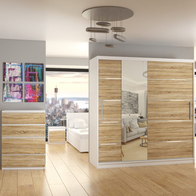 Szafa przesuwna 200 cm PREMIUM Z SZUFLADAMI z lustrem dębowa dąb wotan dąb sonoma Producent MBP SZP5/1/W/DS/0/KLAL