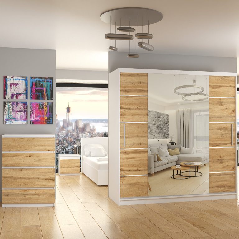 Szafa przesuwna 200 cm PREMIUM Z SZUFLADAMI z lustrem dębowa dąb wotan dąb sonoma Producent ME SZP5/1/W/DW/0/KLAL