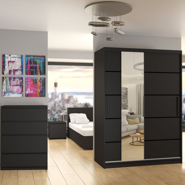 Szafa przesuwna 133 cm PREMIUM Z SZUFLADAMI czarna heban ciemna Producent MBP SZP6/1/B/B/0/KLP