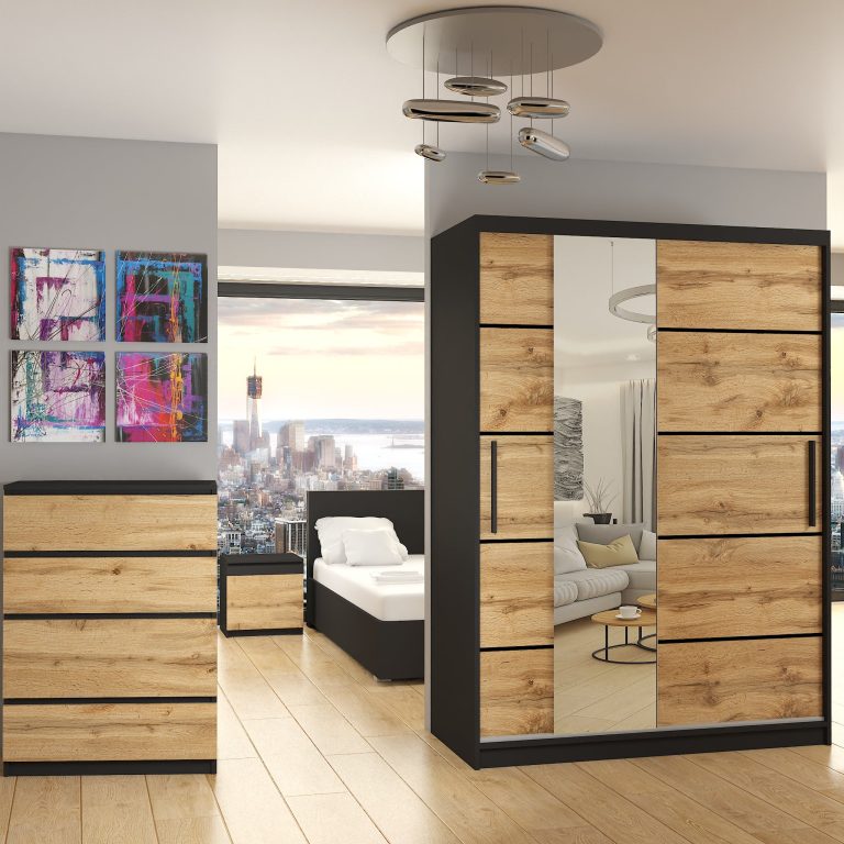 Szafa przesuwna 133 cm PREMIUM Z SZUFLADAMI z lustrem dębowa dąb wotan dąb sonoma Producent MBP SZP6/1/B/DW/0/KLP