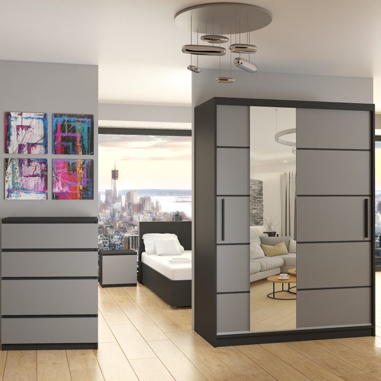 Szafa przesuwna 133 cm PREMIUM Z SZUFLADAMI z lustrem szara antracyt grafitowa Producent MBP SZP6/1/B/SR/0/KLP