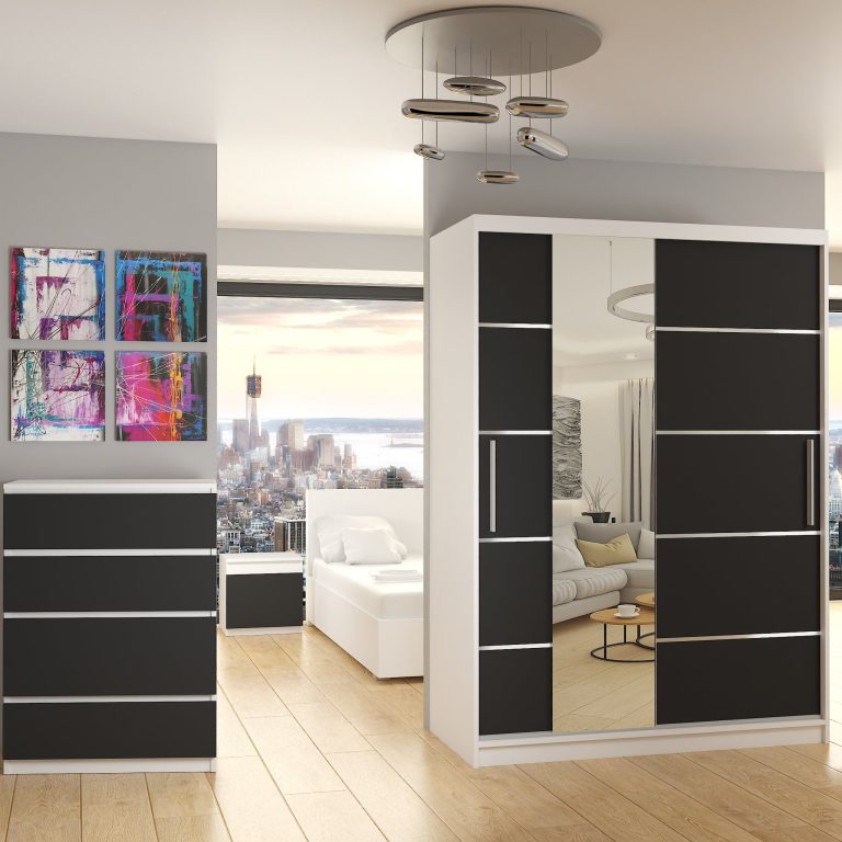 Szafa przesuwna 133 cm PREMIUM Z SZUFLADAMI czarna heban ciemna Producent MBP SZP6/1/W/B/0/KLAL