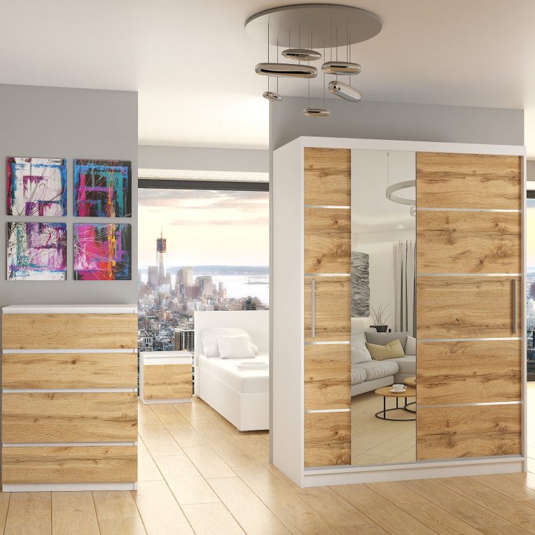 Szafa przesuwna 133 cm PREMIUM Z SZUFLADAMI z lustrem dębowa dąb wotan dąb sonoma Producent MBP SZP6/1/W/DW/0/KLAL