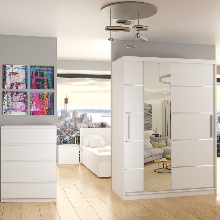 Szafa przesuwna 133 cm PREMIUM Z SZUFLADAMI z lustrem biała mat Producent MBP SZP6/1/W/W/0/KLAL