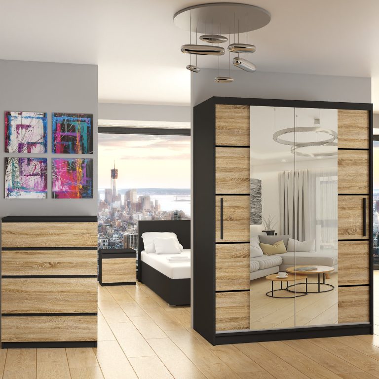 Szafa przesuwna 133 cm PREMIUM Z SZUFLADAMI z lustrem dębowa dąb wotan dąb sonoma Producent ME SZP6/1/B/DS/0/KLP