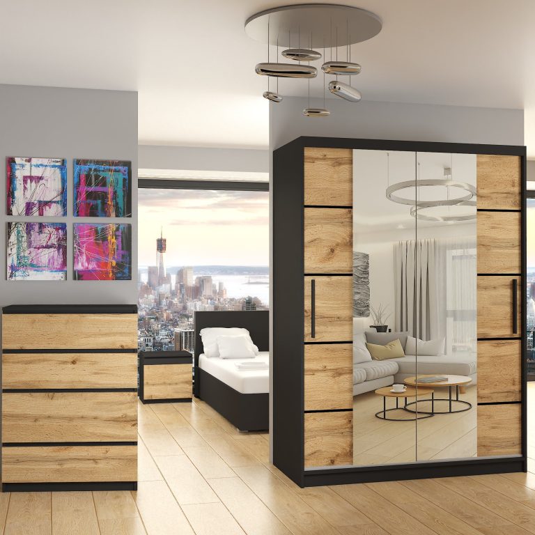 Szafa przesuwna 133 cm PREMIUM Z SZUFLADAMI z lustrem dębowa dąb wotan dąb sonoma Producent ME SZP6/1/B/DW/0/KLP