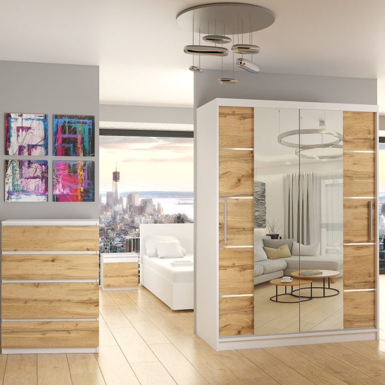 Szafa przesuwna 133 cm PREMIUM Z SZUFLADAMI z lustrem dębowa dąb wotan dąb sonoma Producent ME SZP6/1/W/DW/0/KLAL