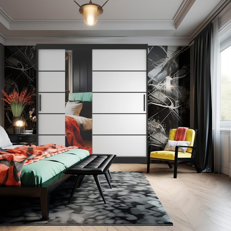 Szafa przesuwna 200 cm PREMIUM Z SZUFLADAMI z lustrem biała mat Producent MBP SZP5/1/B/W/0/KLP