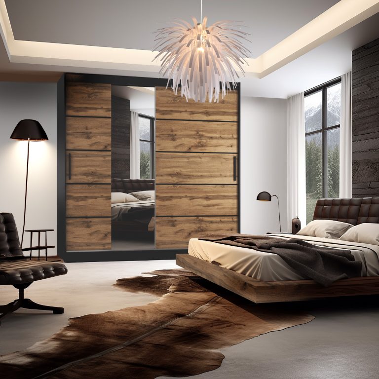 Szafa przesuwna 200 cm PREMIUM Z SZUFLADAMI z lustrem dębowa dąb wotan dąb sonoma Producent MBP SZP5/1/B/DW/0/KLP