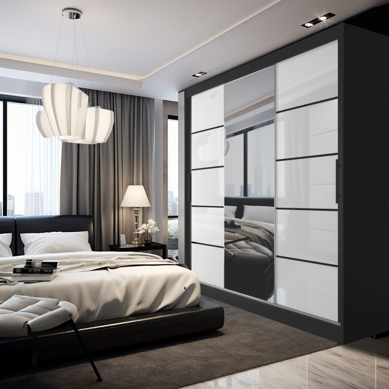 Szafa przesuwna 232 cm PREMIUM Z SZUFLADAMI z lustrem biały połysk Producent MGB SZP8/0/B/2W1L/KLP