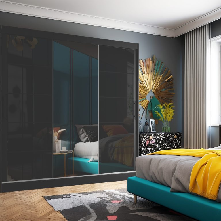 Szafa przesuwna 232 cm PREMIUM Z SZUFLADAMI z lustrem czarna połysk Producent MGB SZP8/0/B/2B1L/KLP