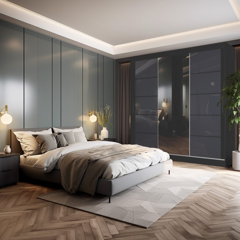 Szafa przesuwna 232 cm PREMIUM Z SZUFLADAMI z lustrem szary stalowy połysk Producent MGB SZP8/0/B/2S1L/KLP