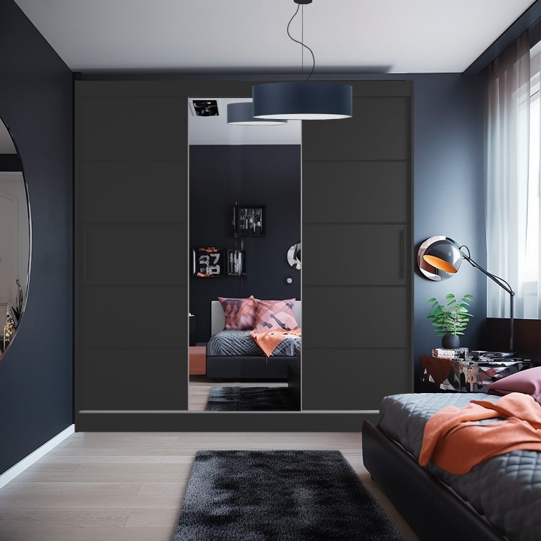 Szafa przesuwna 232 cm PREMIUM Z SZUFLADAMI czarna heban ciemna Producent MBP SZP8/0/1B/2B1L/0/KLP/