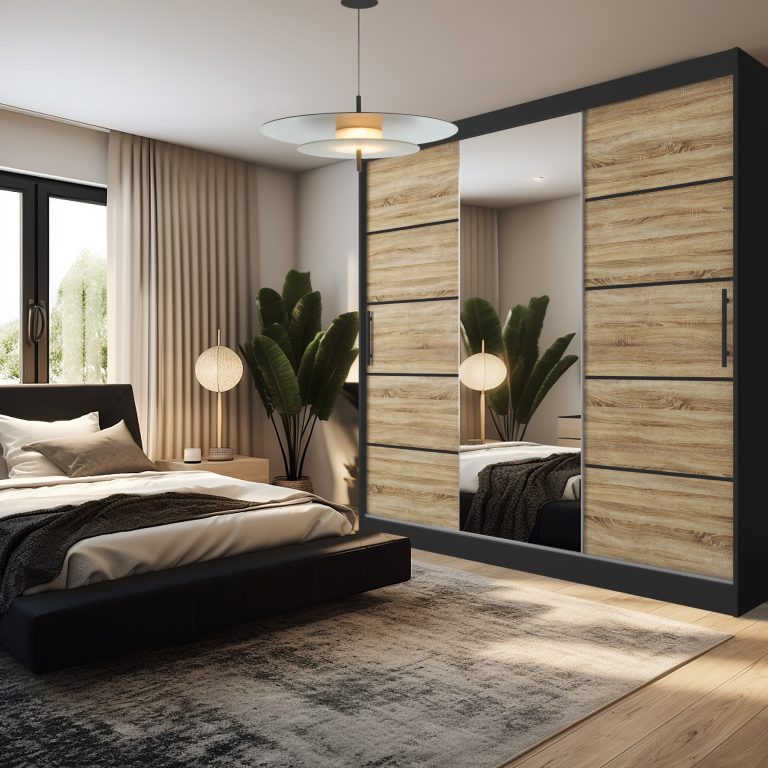 Szafa przesuwna 232 cm PREMIUM Z SZUFLADAMI z lustrem dębowa dąb wotan dąb sonoma Producent MBP SZP8/0/1B/2DS1L/0/KLP