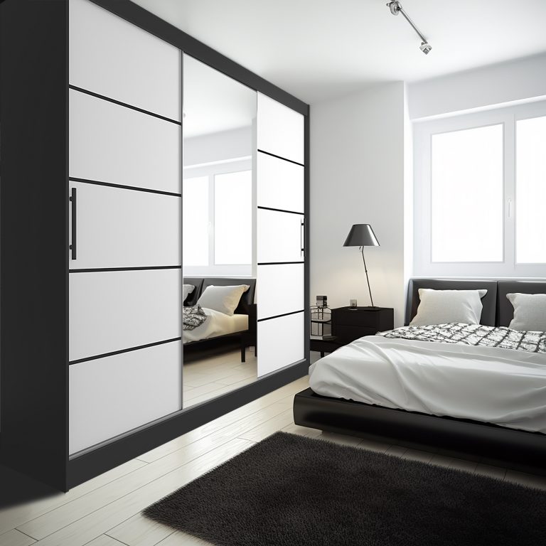 Szafa przesuwna 232 cm PREMIUM Z SZUFLADAMI z lustrem biała mat Producent MBP SZP8/0/1B/2W1L/0/KLP