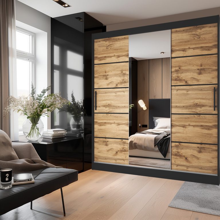 Szafa przesuwna 200 cm PREMIUM Z SZUFLADAMI z lustrem dębowa dąb wotan dąb sonoma Producent MT SZP5/1/B/DW/0/KLP