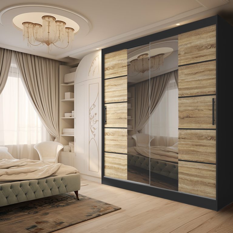 Szafa przesuwna 200 cm PREMIUM Z SZUFLADAMI z lustrem dębowa dąb wotan dąb sonoma Producent ME SZP5/1/B/DS/0/KLP