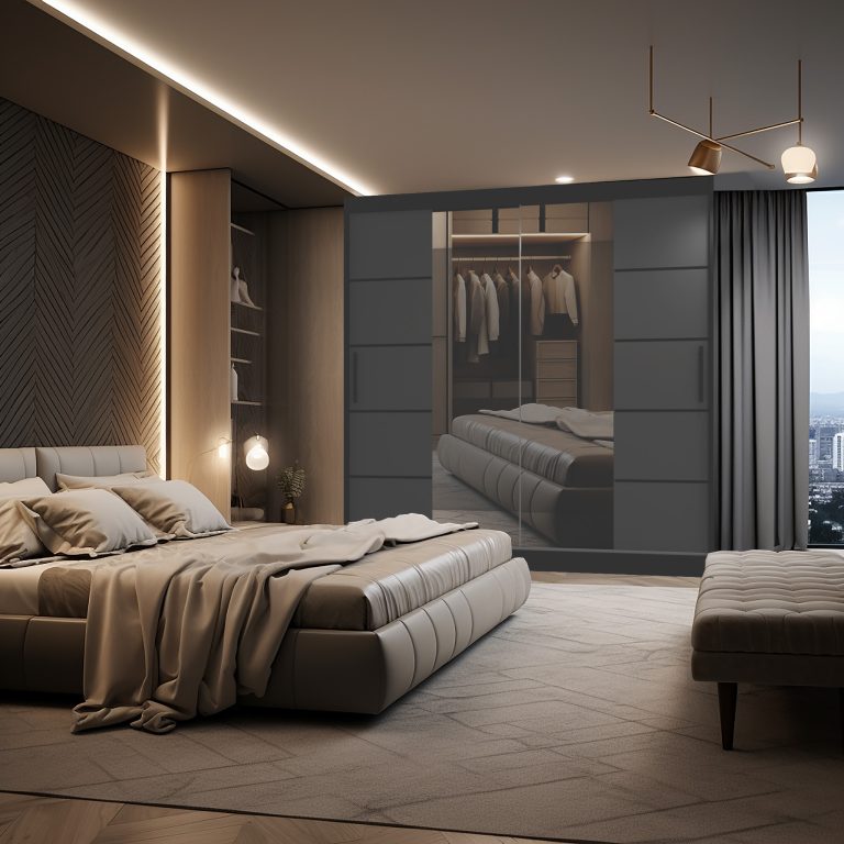 Szafa przesuwna 200 cm PREMIUM Z SZUFLADAMI z lustrem szara antracyt grafitowa Producent ME SZP5/1/B/SR/0/KLP