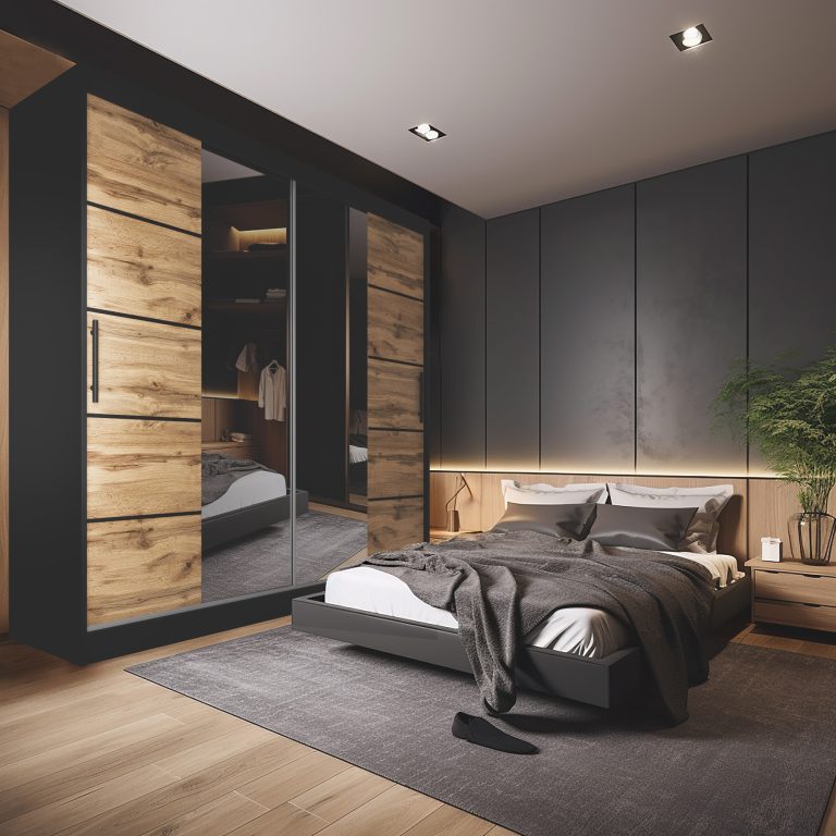 Szafa przesuwna 200 cm PREMIUM Z SZUFLADAMI z lustrem dębowa dąb wotan dąb sonoma Producent ME SZP5/1/B/DW/0/KLP