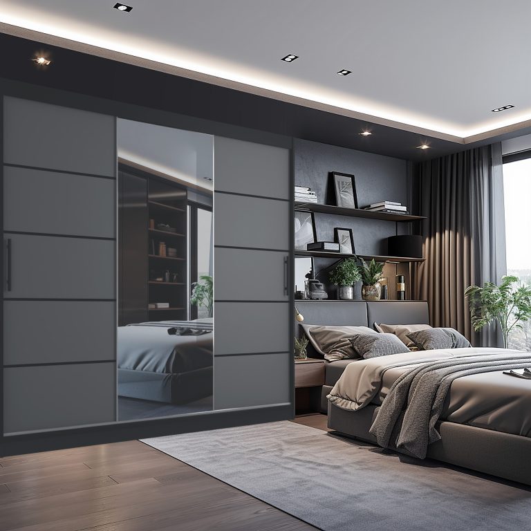 Szafa przesuwna 232 cm PREMIUM Z SZUFLADAMI z lustrem szara antracyt grafitowa Producent MBP SZP8/0/1B/2SR1L/0/KLP