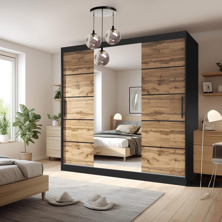 Szafa przesuwna 232 cm PREMIUM Z SZUFLADAMI z lustrem dębowa dąb wotan dąb sonoma Producent MBP SZP8/0/1B/2DW1L/0/KLP