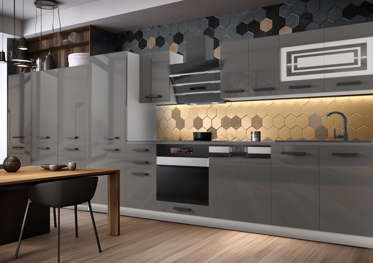 Meble kuchenne Premium Full Version 300 cm szare połysk z blatem Producent INF CINDY/0/WT/S/B/B1