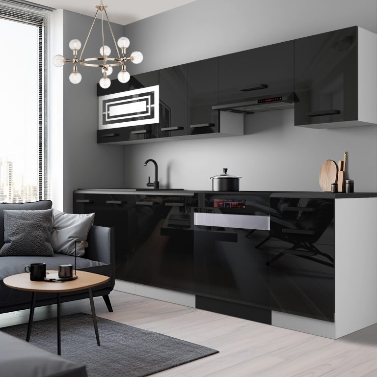 Meble kuchenne Premium Full Version 240 cm czarne połysk z blatem Producent INF LILY/0/WT/B/B/B1