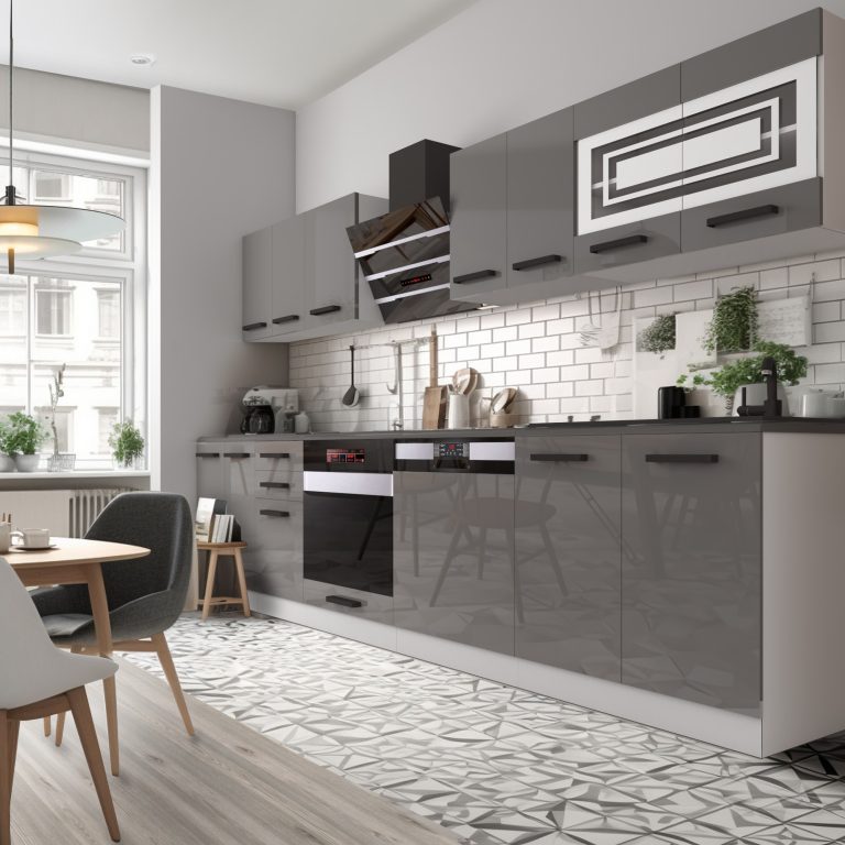 Meble kuchenne Premium Full Version 300 cm szare połysk z blatem Producent INF LUCY/0/WT/S/B/B1