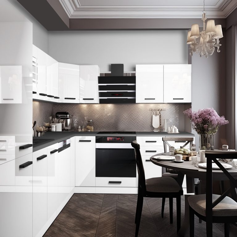 Meble kuchenne Premium Full Version 520 cm białe połysk z blatem Producent INF JULIE/0/WT/W/B/B1